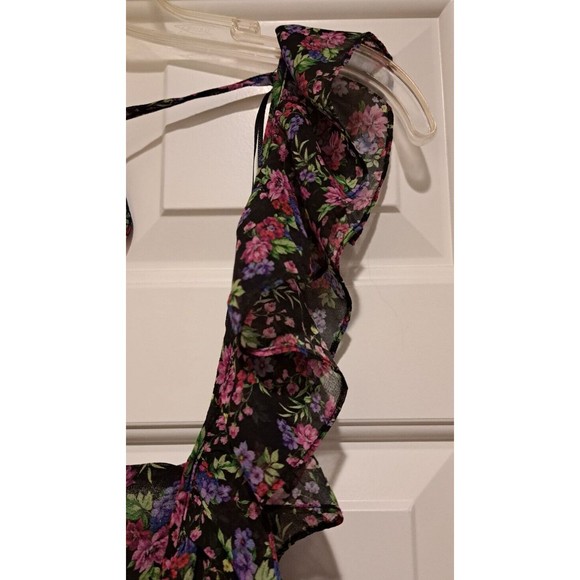 NWT Zara Black & Pink Floral Ruffle Square Neck Mini Dress Size Medium - Picture 3 of 8